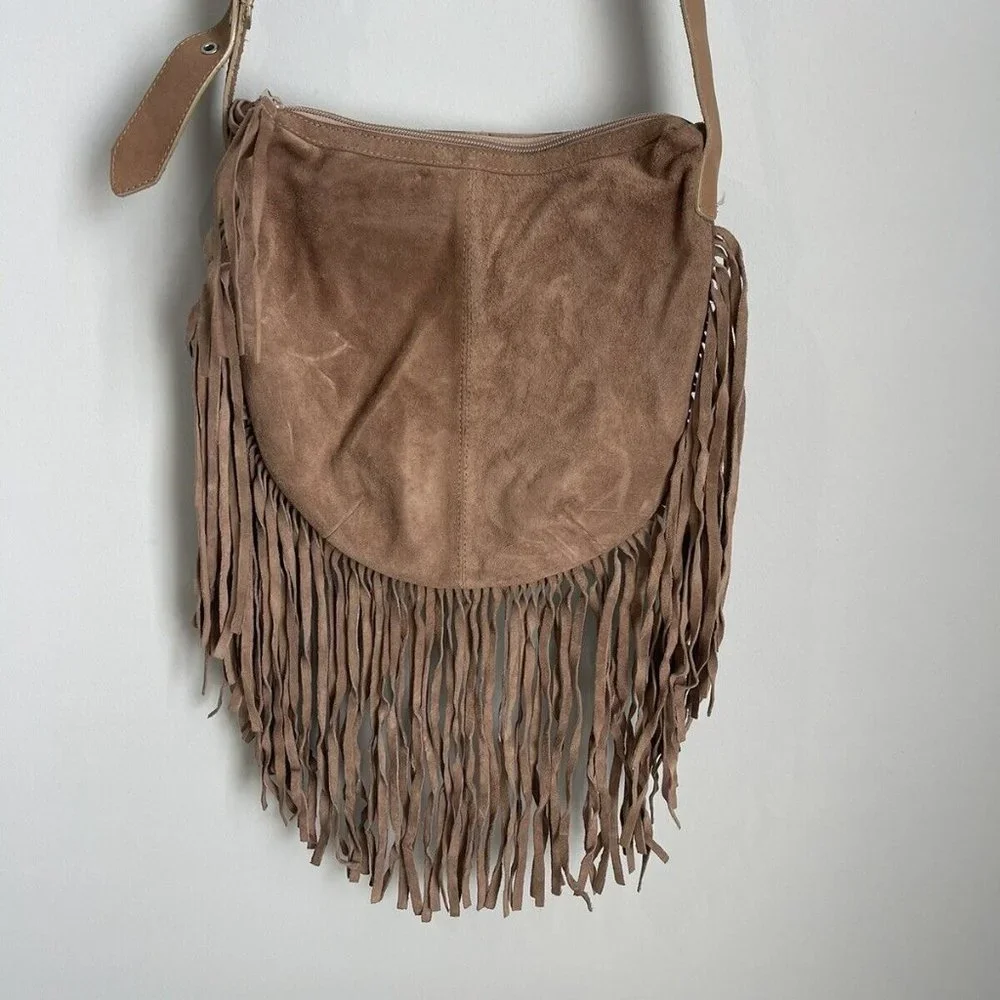 Genuine Leatherock Tan Leather Suede Fringed Crossbody Purse - Picture 8 of 9
